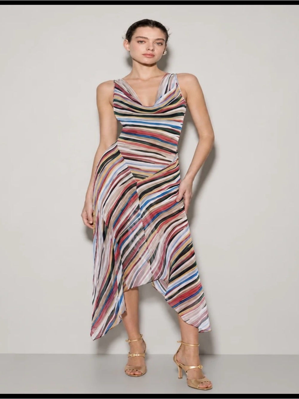 Multicolor Striped Asymmetric Cowl Neck Dress